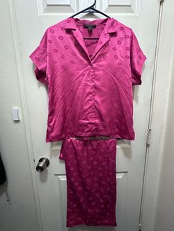 Pink Satin Pajama Set with Lip Print