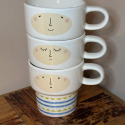 Set Of 3 Stackable Folks Friend Face Mugs