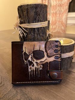 Genuine, Leather Hand, Carved Hand, Painted Melting, Skull, Wallet