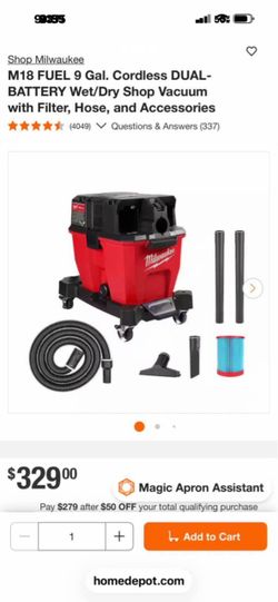 M18 FUEL 9 Gal. Cordless DUAL-BATTERY Wet/Dry Shop Vacuum with Filter, Hose, and Accessories