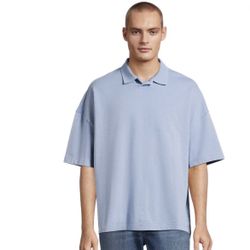  Blue Mens Oversize French Terry Polo Shirt, Size L (42-44).  (W)