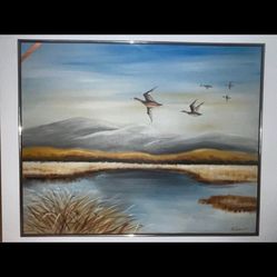 Extra large Scenic River Painting With Birds Flying