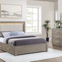 QUEEN SIZE BEDROOM SET ( PLATFORM  BED,DRESSER,MIRROR, NIGHT STAND) W LED TOUCH  LIGHTING