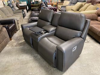 LA-Z-BOY Charcoal Grey Leather Power Reclining Sofa with Wireless Charging Pad