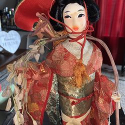 Vintage Japanese Doll with Wood Stand