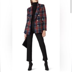 Blue Red Slim Retro Lapel Plaid Women Blazer