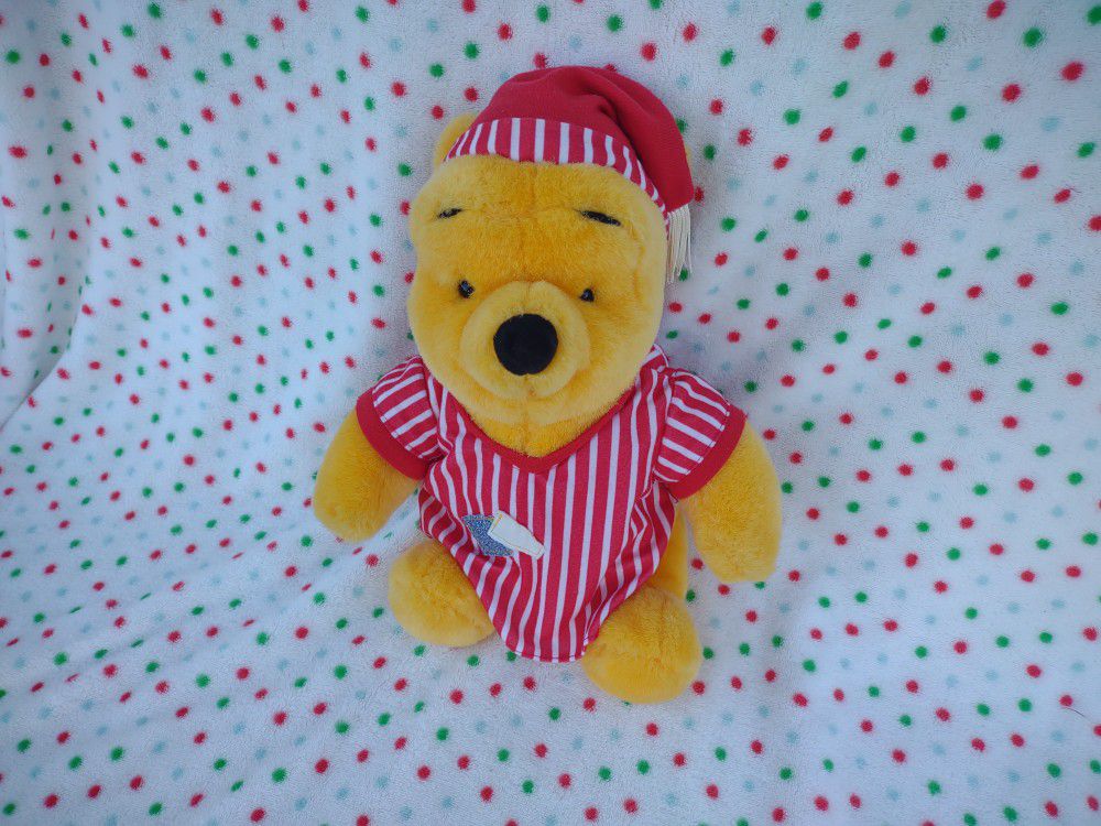 Vintage 1998 Mattel Disney Winnie The Pooh Red Pajamas Night Cap Plush Toy 13"