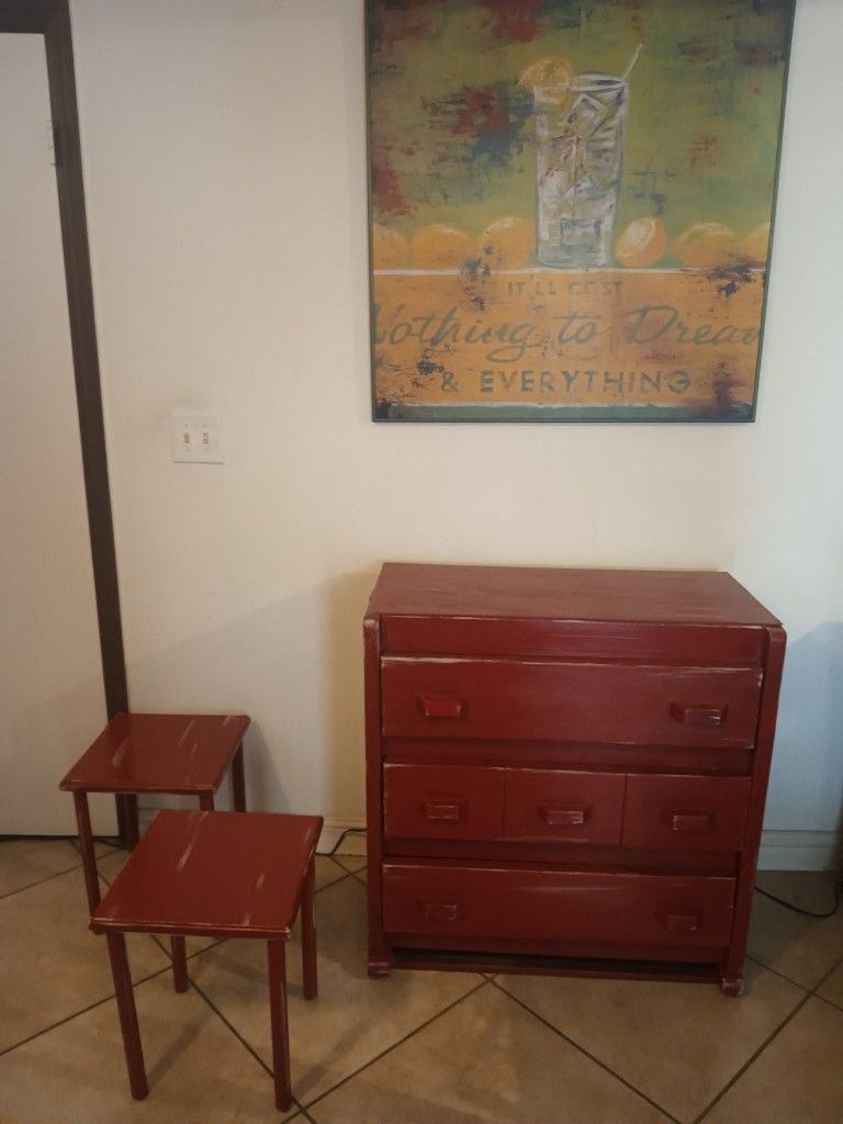 Solid wood, sturdy  red wooden dresser  & 2 Side Tables with 3 multiple drawers.