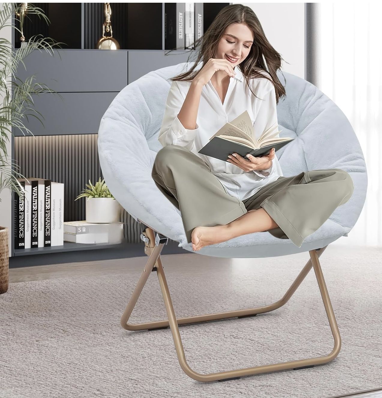 Foldable Oversized Moon Chair Large Soft Lazy Cozy Comfortable Faux Fur Round Saucer Moon Chairs(X101)