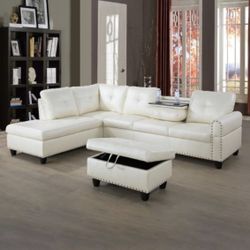 White Leather Sectional Sofa With Cup Holders And Free Storage Ottoman And Pillows 