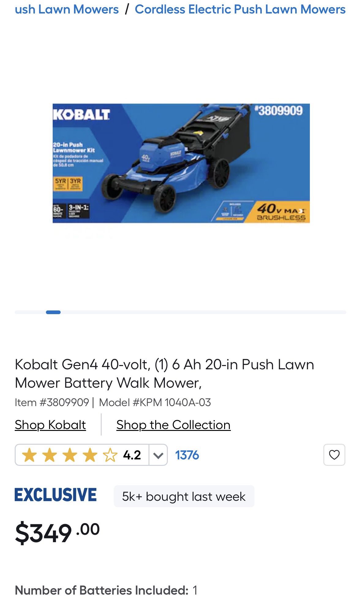 Kobalt Gen4 40-volt, (1) 6 Ah 20-in Push Lawn Mower
