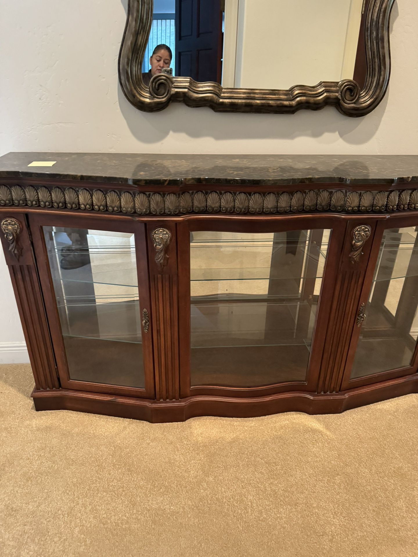 Credenza Buffet Sideboard Cabinet Granite Wood Glass Shelving - $800 
