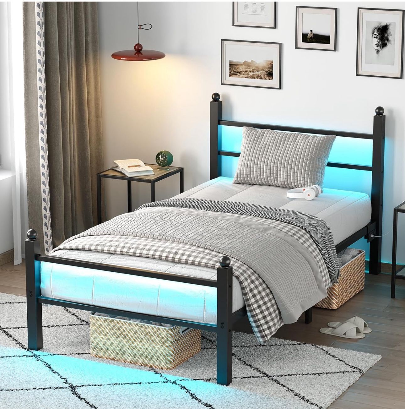 Twin size bed frame headboard/footboard w/ charging outlets 