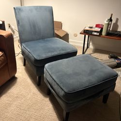 BRAND NEW BLUE VELVET CHAIR & OTTOMAN