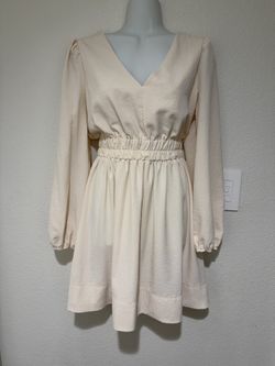 BWQ Apricot Nude Pink Deep V Long Sleeve Flowy Mini Dress S
