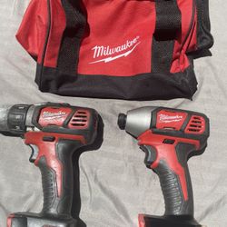 Milwaukee  M18 18V Lithium-Ion Cordless 1/2” Drill Driver/1/4” Hex Impact Driver Combo Kit—Tools Only, Canvas Bag Up