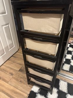 Black 5-Drawer Tall Dresser w beige cloth drawers