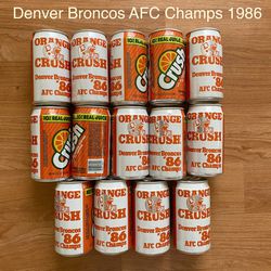 Lot Of 14 Collectible NFL Denver Broncos 1986 AFC Champs Orange Crush Soda Pop Cans, Vintage Football Memorabilia, Great Gift For A broncos Fan