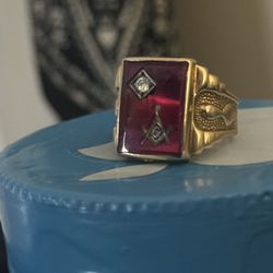 10k Gold Masonic Ring With Diamond Inlay On Synthetic Red Ruby