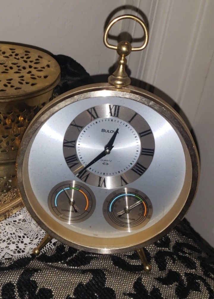 VINTAGE GOLD METAL BULOVA BELOVA TABLE ALARM CLOCK WEATHER STATION THERMOMETER HYGROMETER JAPAN No 4RG649