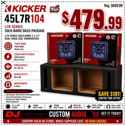 Kicker L7R10 Bass System 2000 Watt Ported Box Package Solo-Baric L7 2 x 10" Dual Voice Coil Subwoofers 45L7R104 🚨 Payment Options Available 🚨 No Cre