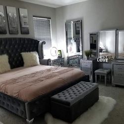 Grey Velvet Queen King Bed Frame New Upholstery 