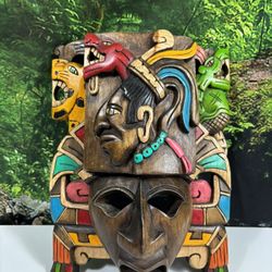 Mayan Aztec Mask 3D Hand-Carved Hand Painted Wood Tribal Ceremony Mask