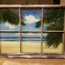 Real window pane with 3D painted ocean scene.
