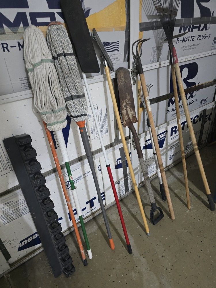 Garden tools, mops, tool storage rack