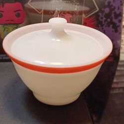 Vintage Pyrex White Milk Glass with Pink Stripe Sugar Bowl & Lid