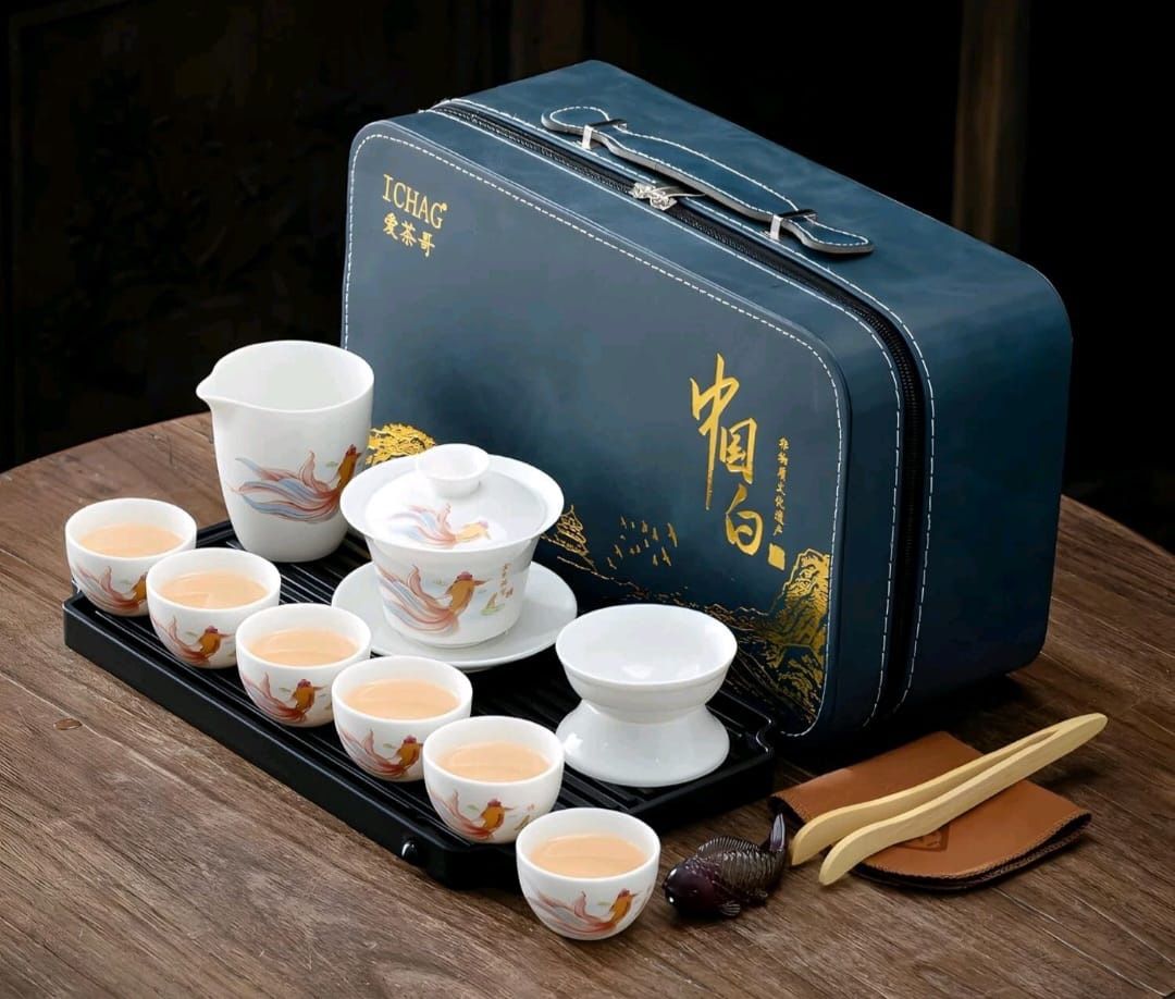 Chinese tea set, Gongfu tea sets for adults, Gaiwan teaset from China, Yangzhi jade porcelain set with tea pet, portable home travel teaset, on