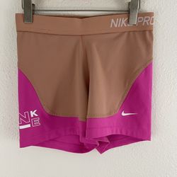 NIKE PRO Pink Beige Stretch Logo Dri-Fit Athletic Workout Classic Biker Shorts