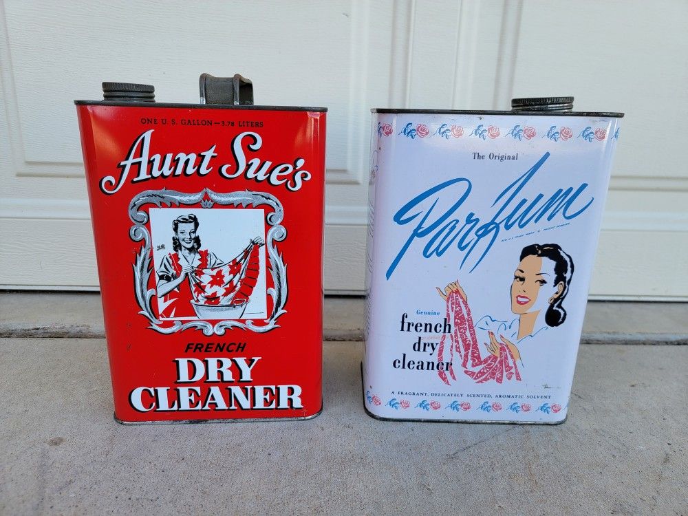 Vintage Aunt Sue's & Parfum French Dry Cleaner Metal Can Pair