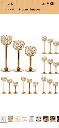 Candle Holder Candlestick Holders with small battery candles - 6Set Gold Crystal Pillar Candle Holders,Metal Candlestick Stands for Wedding Centerpiec