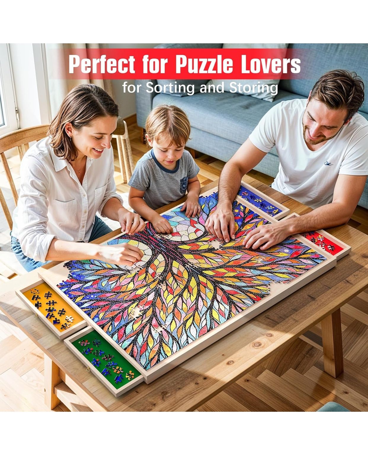 Puzzle Board with Drawers and Cover Rotatable 360-Degree Wheels 1000 Pieces Lightweight Portable Wooden Puzzle Table for Adults Kids 30'' x 22''