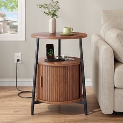 23.8''H Round End Table With Charging Station & Sliding Tambour Door, Fluted Side Table With Storage