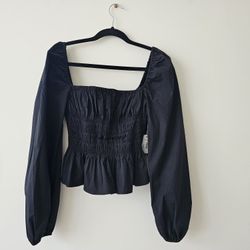 STAUD Blue Smocked Peplum Blouse Women's Size L