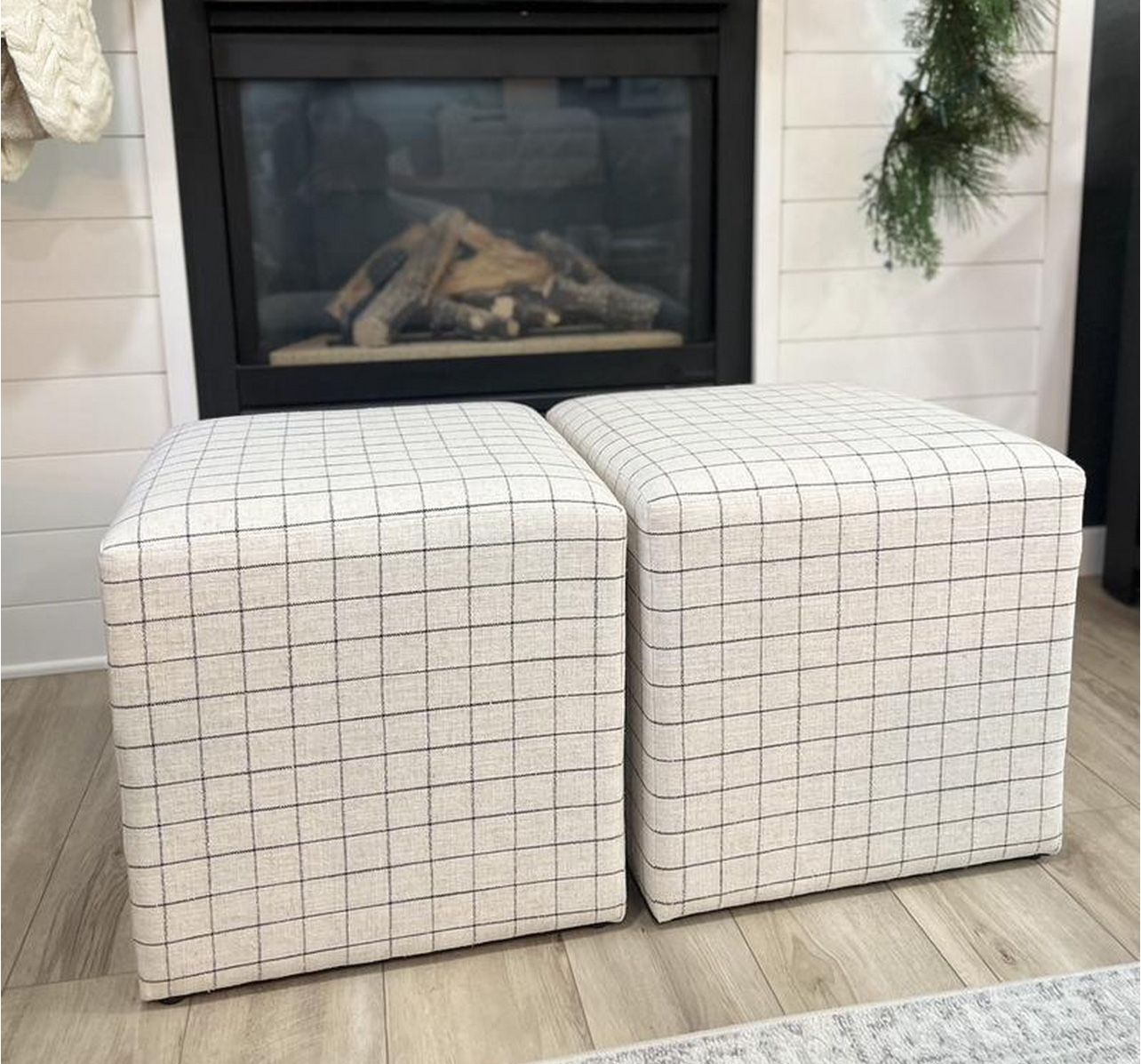 Lynwood Square Upholstered Cube Ottoman Windowpane Plaid - Threshold designed with Studio McGee
