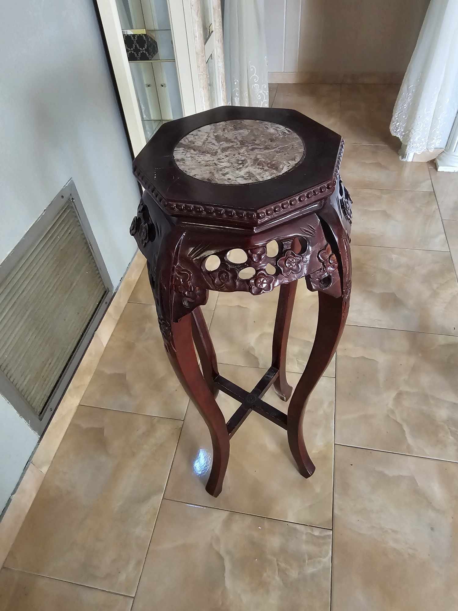 Antique Chinese Hand Carved Rosewood Marble Top Pedestal Plant Stand