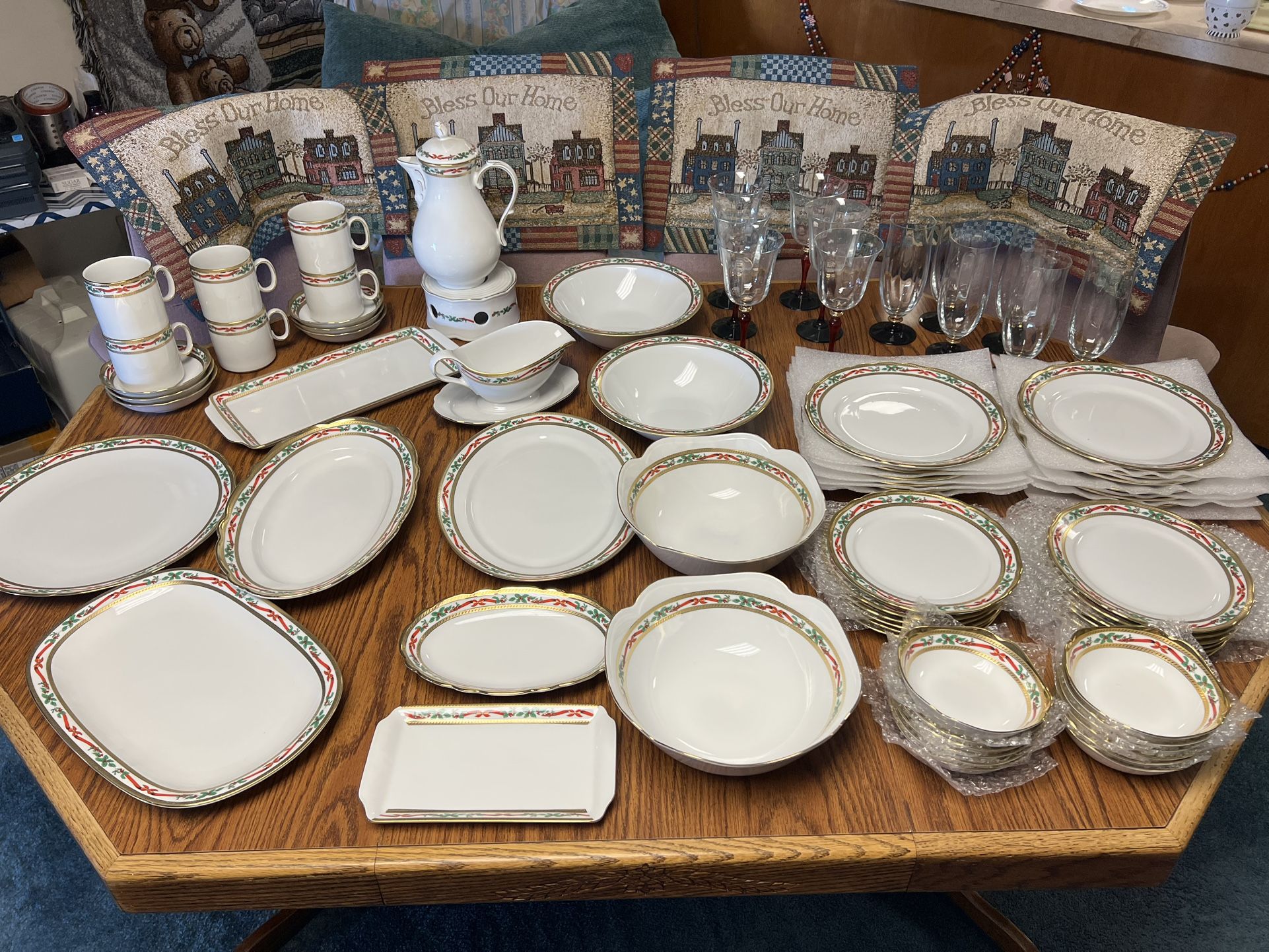 Christmas China Setting For 12, With 12 Italian Crystal Goblets