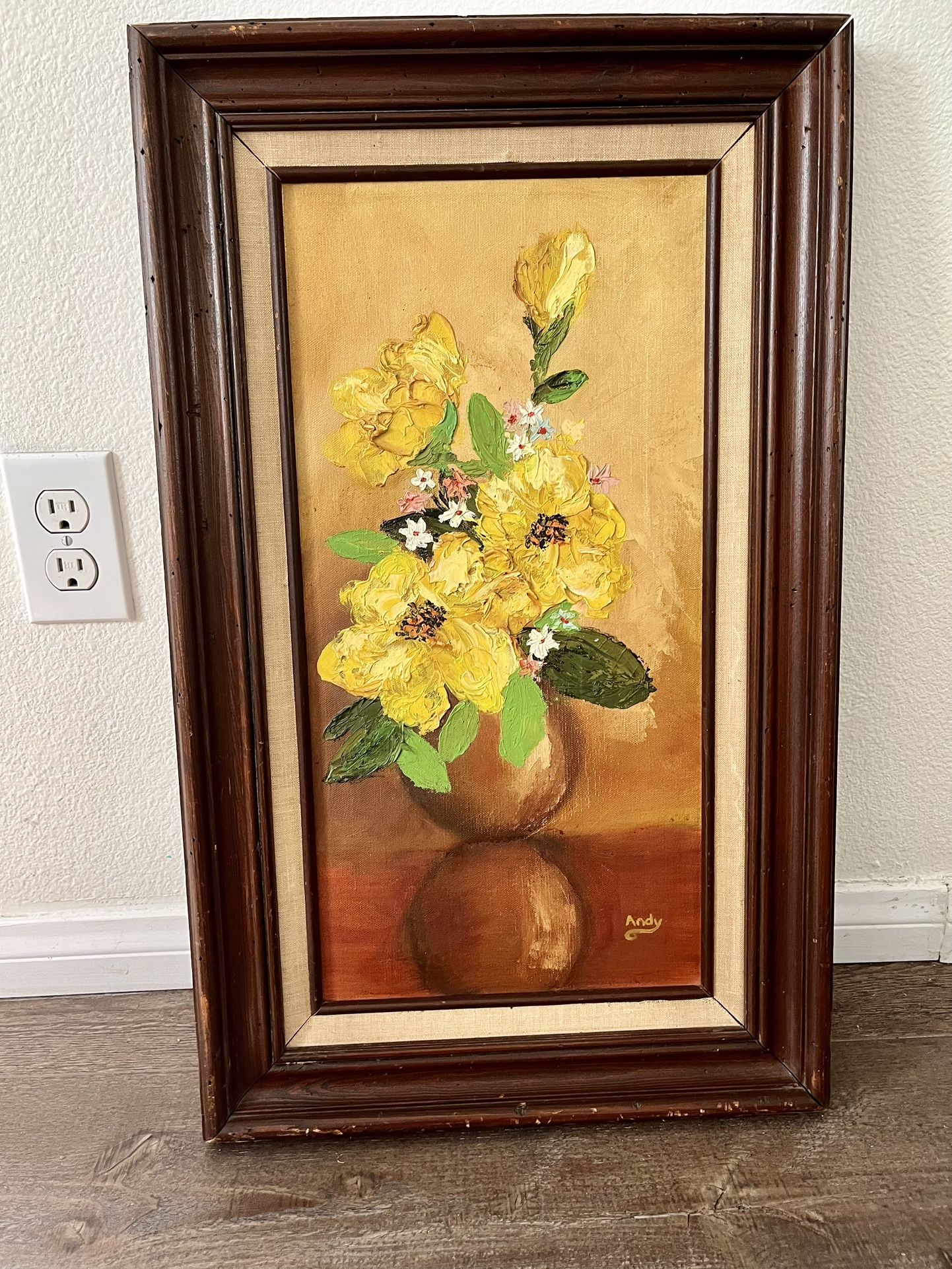 Vintage Original Oil Painting of Yellow Flowers In Vase by Andy 15/26 Framed