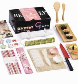 Comprehensive 27-piece sushi set includes bamboo mats, sushi bazooka, molds, serving plates, and a Japanese sushi knife. Kit has bamboo and plastic co