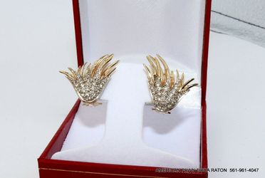 Custom made inspired by Jean Schlumberger’s "Flame"  14K Solid Gold Omega Clip Back Post Stud Diamond Two Tone Earrings 