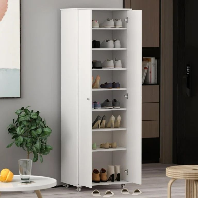 2-Door Tall Shoes Storage Cabinet with Wheels, Modern 8-Tier Wood Shoe Rack Storage Organizer for Entryway Hallway White