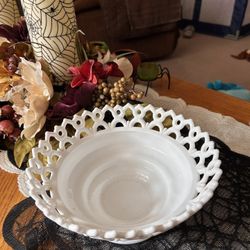 Vintage Milk Glass Compote Bowl Lace Dancing Teddy Bear Design