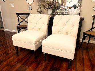 Pair of Cream Tufted Slipper Accent Chairs