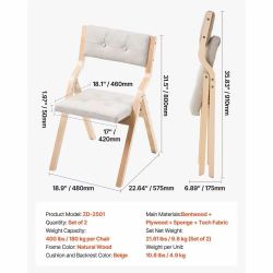 VEVOR Wooden Folding Chairs with Cushion, Set of 2, Portable Foldable Cushion Chair with Wooden Frame, Modern Padded Dining Chair for Kitchen, Office,