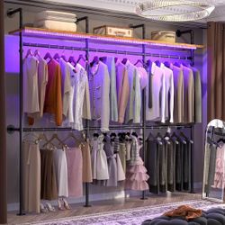 Industrial Pipe Clothing Rack With Brown Rustic Shelves w/ LED Lights