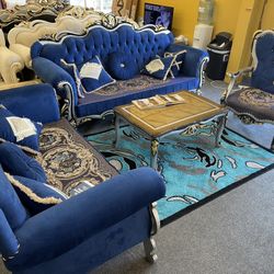 New Blue Classic Luxury Living Room Sofa Set 3pc - Delivery And Financing Available 