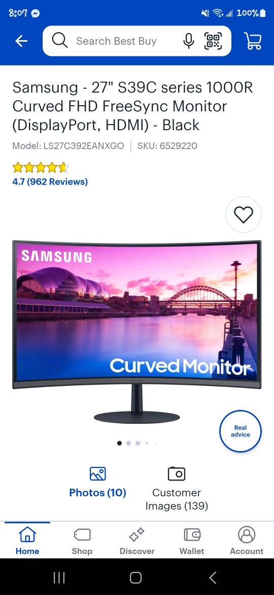 Samsung 27" S39C Series 1000R Curved, FHD FreeSync Monitor